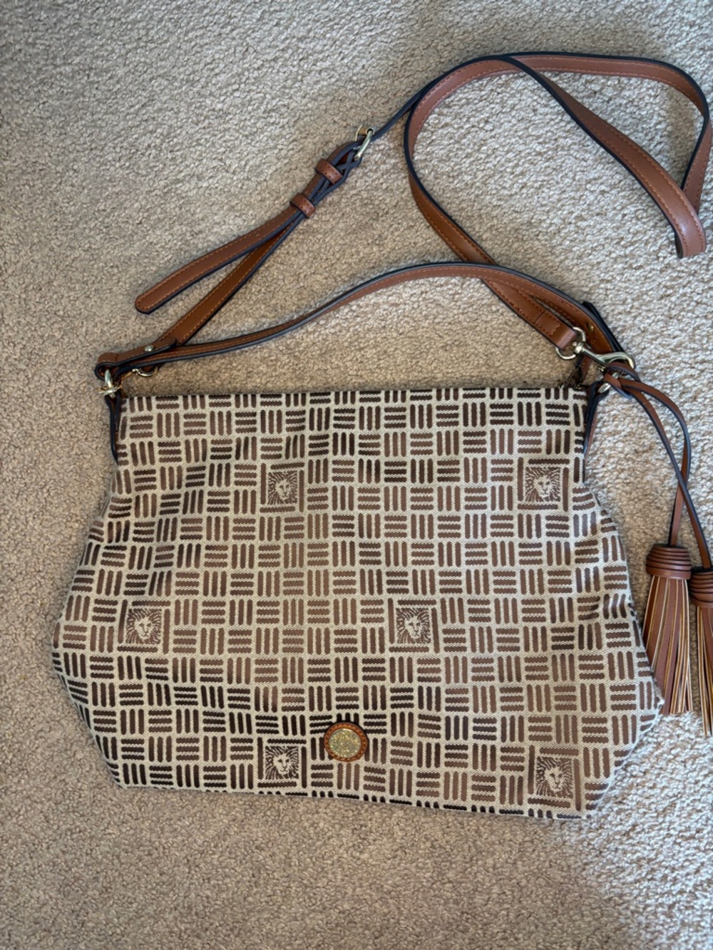 Anne Klein Brown and Beige Logo Jacquard Shoulder Bag with Tassel
